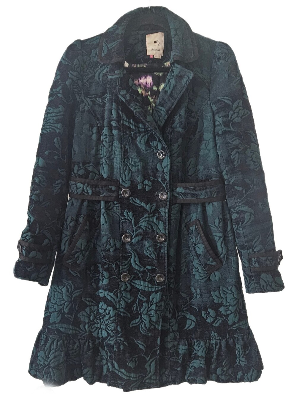 VTG Anthropologie Elevenses Brocade Ruffle Trench Co Size 12